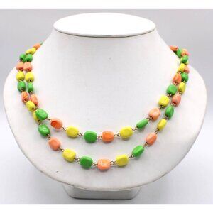 Tutti Frutti Fruit Salad Pebble Bead Necklace Green Yellow Peach Vtg MCM 50-70s